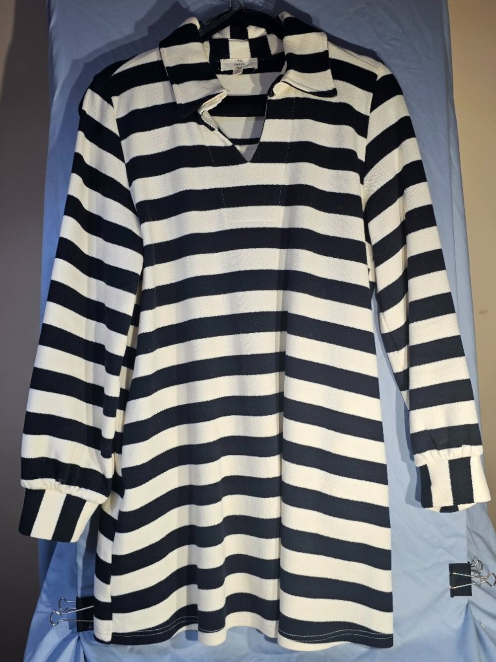 Entro Striped Tunic Top Long Sleeve Collared Black White Pockets Women's Medium